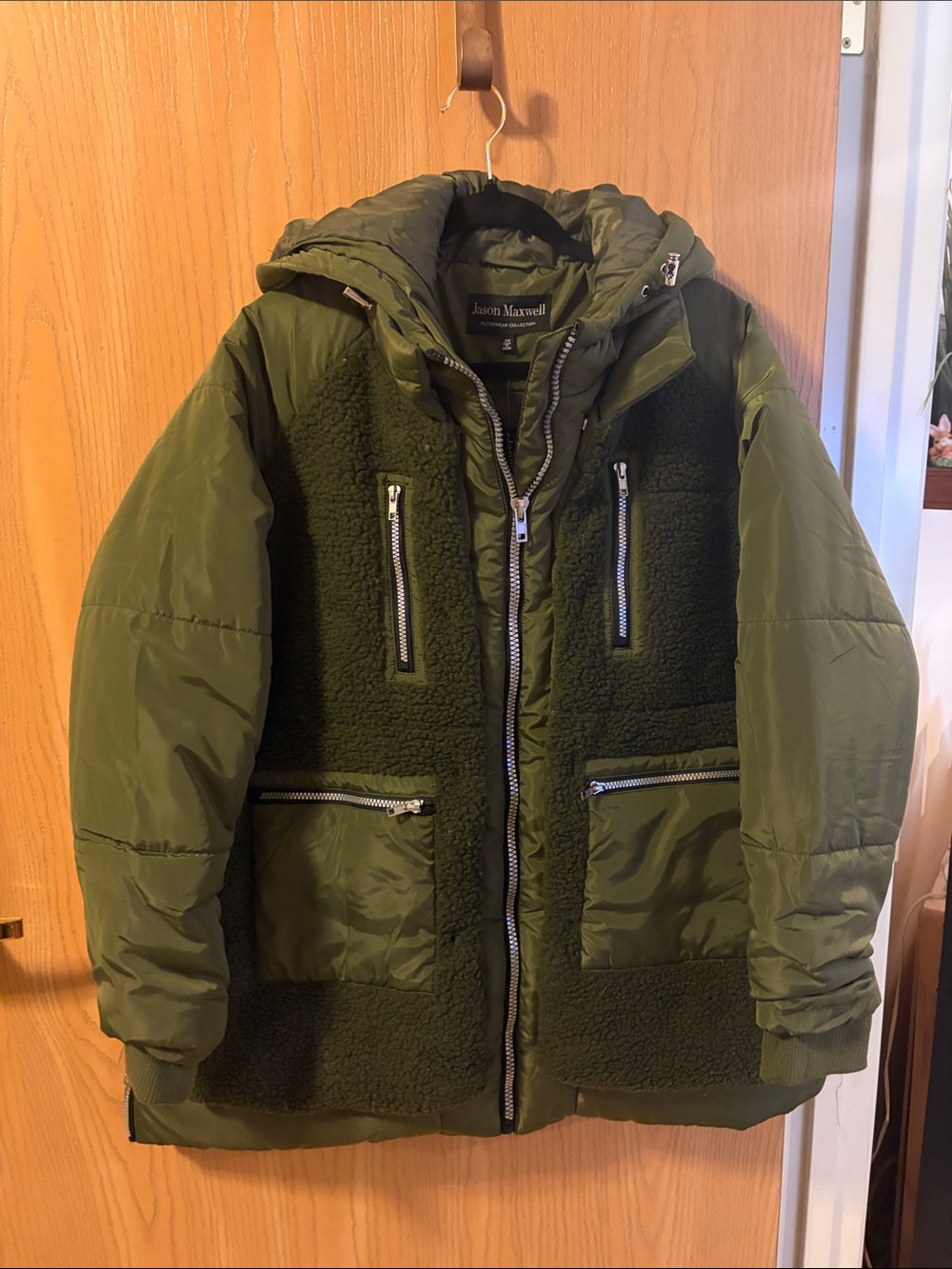 jason maxwell Olive Green Mixed-Material Hooded Puffer Jacket 2x